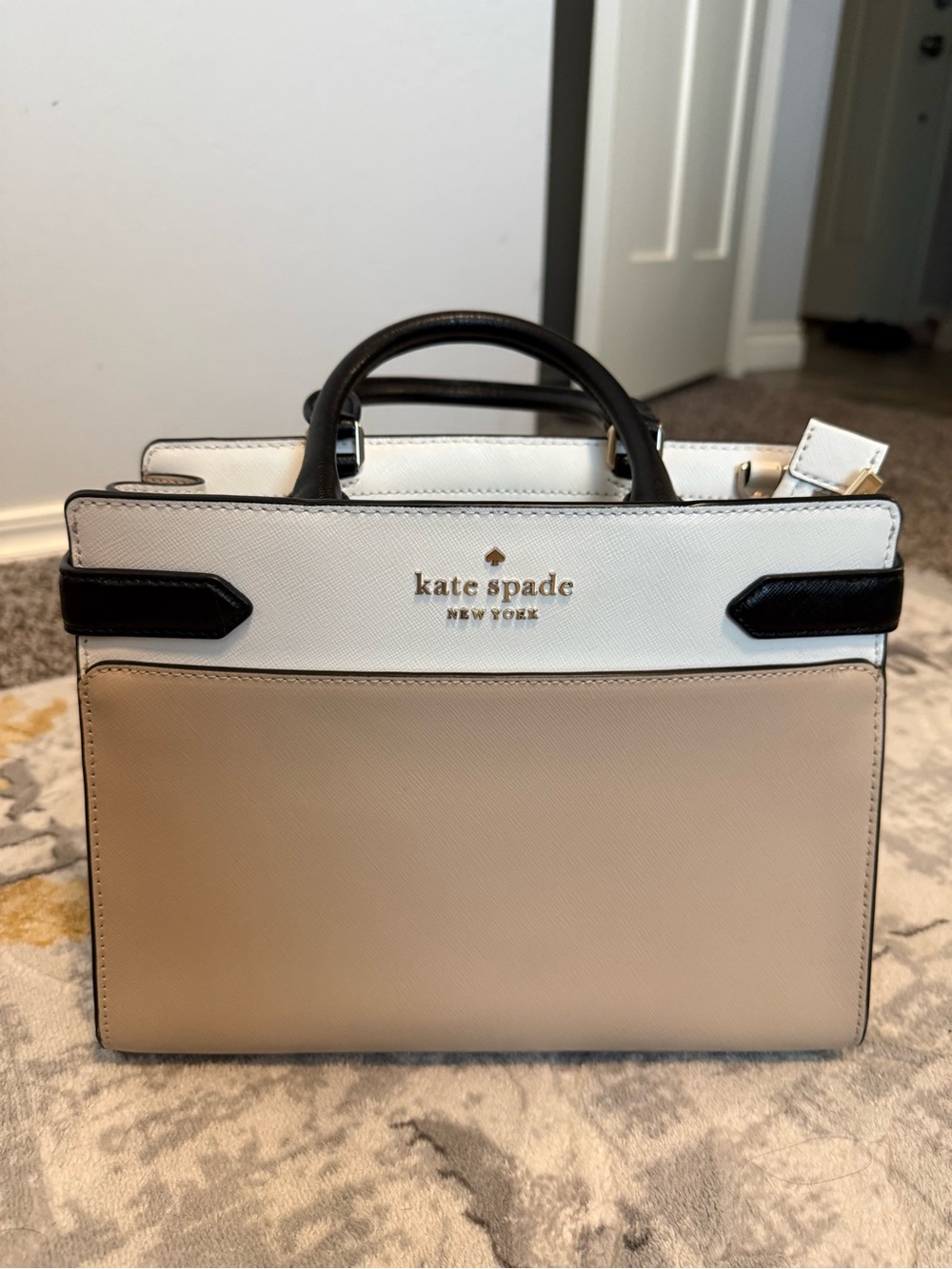 kate spade Two-Tone Cream & White Leather Satchel with Black Accents